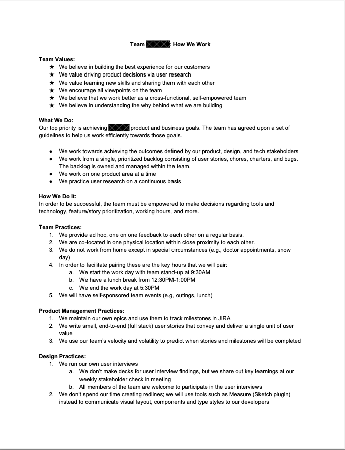 Team working agreement document example